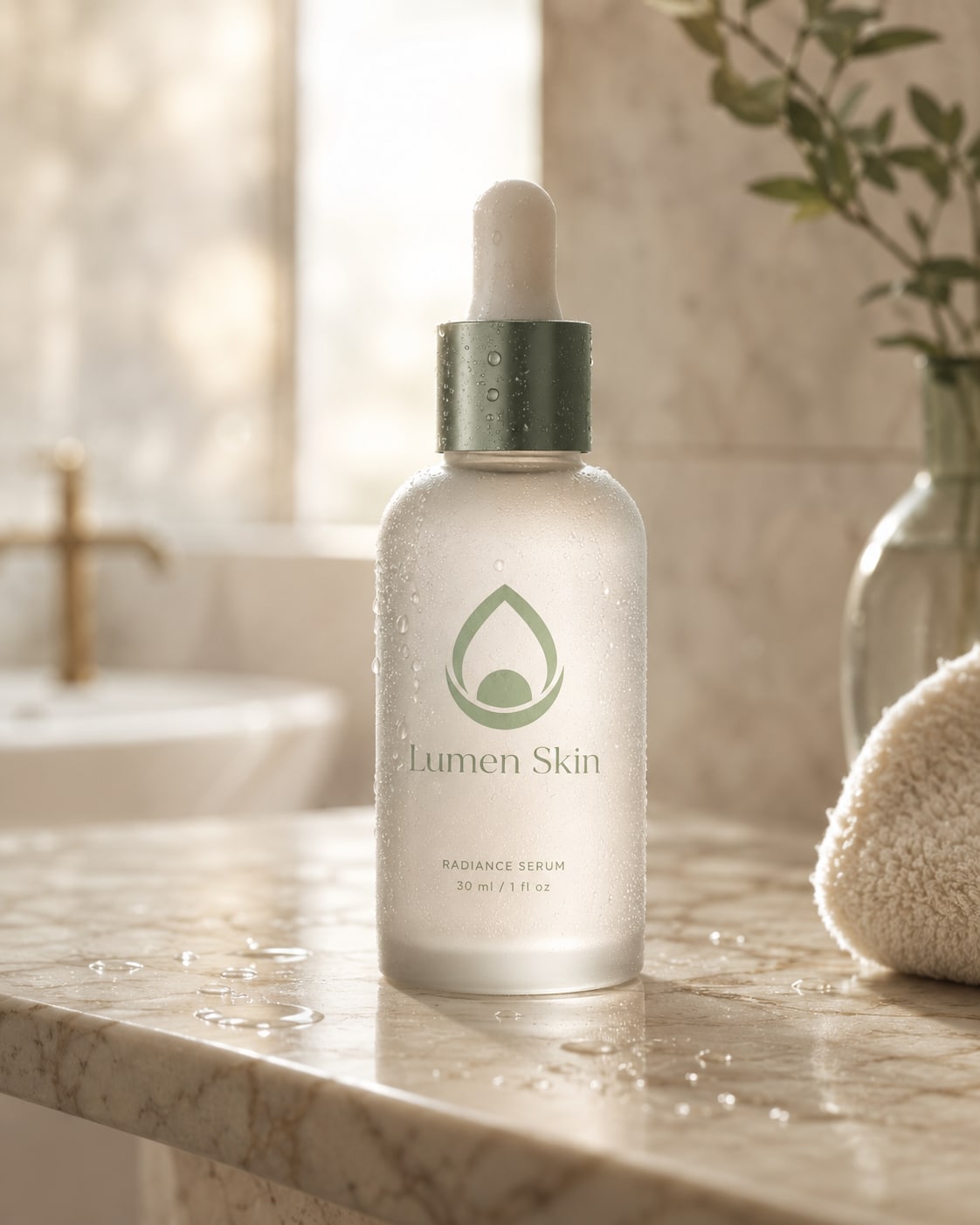 Lumen Skin radiance serum — client shot, golden hour